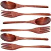 Ensembles de vaisselle 6 pièces cuillère fourchette en bois et ensemble de deux pièces avec longue poignée solide vaisselle portable adultes couverts gâteau ergonomique