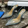 Aquazzura Rhinestones Sandaler Crystal-Embelled PVC Heeled Stiletto Ball Heels Kvinnors lyxdesigners Läder Silk Yttersula Evening Shoes Factory Factwear 025