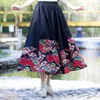 Skirts 2024 Summer Female Skirt Oriental Print Floral Dress Elastic Waist A-Line Cotton Linen Retro Pleated Midi TA1212