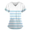 Kvinnors T-skjortor Kvinnor som arbetar uniform Stripe Print Pocket Kort ärm V-ringning Toppar Femme Blue Work Wear Uniforms