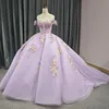 Lilas Quinceanera robe robe De bal hors De l'épaule 3D fleurs Appliques perles tulle Corset doux 15 robes De XV Anos
