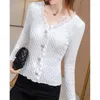 Women's T Shirts Office Lady Fashion Elegant White Ruffles Lace T-shirt Female Clothing Bottoming Chic Women V-neck Slim Long Sleeve Solid