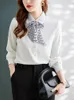 Women's Blouses Patchwork Letter Print Bow Tie Women Shirt Pearl Button Darped Fabric Turn Down Neck White Office Lady Elegant Formal Top