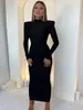 Casual Kleider Schulter Gepolsterte Lange Hülse Bodycon Grün Party Club Maxi Kleid 2024 Frühling Herbst Frauen Mode Elegante Kleidung