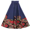 Skirts 2024 Summer Female Skirt Oriental Print Floral Dress Elastic Waist A-Line Cotton Linen Retro Pleated Midi TA1212