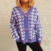 Gebreide damessweater met losse V-hals, Thousand Bird Checker, contrasterend gebreid vest met enkele rij knopen, zak met lange mouwen en gebreid vest