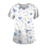 T-shirts Femmes Femmes Floral Uniforme de soins infirmiers Dames à manches courtes Col V Travailleurs de travail Uniformes de gommage Chemisier Poche Tops