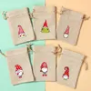 Presentförpackning 6st Santa Claus Elk Bells Small Bear Drawstring Natural Burlap Bag Jute 10x15cm bomullslinne jultryck