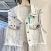 Women's Vests Diamonds Rivet Frayed Big Pocket Mesh Splicing Denim Vest Women Slim Cowboy Waistcoat White Pink Sleeveless Jeans Jacket