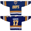 Mens Womens Youth Hanson Brothers Charlestown Chiefs 17 Steve Hanson 18 Jeff Hanson Hockey Jersey Blue White Slap Shot Movie Size S-5XL