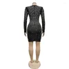 Casual Dresses 2024 Mesh Sleeve Low Cut Bodycon Diamonds Mini Sexy Party Dress For Women Black White Patchwork Rhinestone Night Club