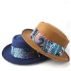 Berets 2024 Men Women Pork Pie Hat With Blue Ribbon Dad Wool Fedora Trilby Fascinator Flat Jazz Dance Party