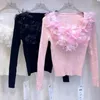 Женские свитера, корейская мода, вязаные рубашки для женщин, 3D цветы, ромбовидный квадратный воротник, блузка с длинным рукавом, осенние повседневные женские топы