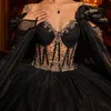 Black Quinceanera Dress Gold Lace Appliques Beads Ball Gown Beading Long Sleeve Sweet 16 Vestidos De 15 Anos