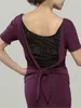 Stage Wear Latin Dance Top à manches courtes col rond dentelle attaché costume d'entraînement pour femmes et adultes