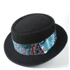 Berets 2024 Men Women Pork Pie Hat With Blue Ribbon Dad Wool Fedora Trilby Fascinator Flat Jazz Dance Party