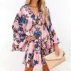 Robes décontractées femmes 2024 col en V évasé à manches longues mini robe boho imprimé floral volants courte plage vacances robe d'été