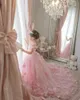 Flickaklänningar Puffy Tulle Flowle Dress for Wedding 3D Applique Luxury Pink Pearls Kids Birthday Party Princess Ball Ballklänningar 2024