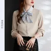 Women's Blouses Patchwork Letter Print Bow Tie Women Shirt Pearl Button Darped Fabric Turn Down Neck White Office Lady Elegant Formal Top