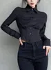 Women's Blouses Deeptown Y2k Black Slim Crop Shirt Women Gothic Goth Harajuku Button Blouse Cropped Top 2024 Autumn Kroena Fashion Kpop