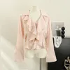 女性のブラウスBlusas Mujer v Neck Fruffles Solid Color Shird Sleeve Satin Blouse Top Women 2024 French Court Retro Camisas Lace-Up Drop