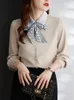 Women's Blouses Patchwork Letter Print Bow Tie Women Shirt Pearl Button Darped Fabric Turn Down Neck White Office Lady Elegant Formal Top