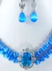 Halsband örhängen set blå opal pärlor sten två lager choker fjäril smycken cz kristall zirkon uttalande krage för kvinnor
