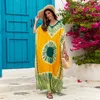 Women's Swimwear Female Cover Up Beach Bathing Suits Playa Swimsuit Cape Summer Robe Bath Exits Printed V Neck Long Skirt Holiday Dress