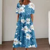 Casual klänningar i mitten av kalvlängden Elegant besättning Nackkvinnor Summer Dress Pockets Damer Kort ärmar plagg