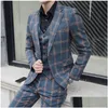 Trajes para hombre Blazers Hombres de alta calidad Plaid de un solo pecho Traje casual Abrigo Pantalones Chaqueta de negocios Chaleco Pantalones PCS Aplicación de entrega de gota Dhxfl {categoría}