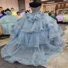 Mexico himmelblå av axelbollklänningen quinceanera klänning pärlstav applikationer födelsedagsfest klänningar rufsar söta 16 15 mantel de boll