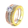 Ensemble 3 en 1 Bague de mariage en diamant tchèque Plaqué or 18 carats Ensembles à trois couches Bague avec micro incrustation de zircon Bagues de fiançailles en zircon Cadeau de bijoux de créateur pour femme Saint Valentin