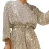 Robes décontractées Femmes Robe Brillant Paillettes Col Rond À Lacets Taille Serrée À Manches Longues Sparkling Soft Club Party Au-dessus Du Genou Longueur Mini