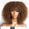 Short baby hair Curly Wig with Bangs Brazilian Brown Highlight Glueless Full Machine Wig 250 Density Jerry Curl for Black Women