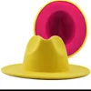 Bérets unisexe extérieur jaune intérieur rose laine feutre Jazz Fedora chapeaux avec boucle de ceinture mince hommes femmes large bord Panama Trilby casquette L XL