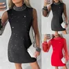 Casual Dresses Mini Dress For Women 2024 Fashion Rhinestone Decor Sheer Mesh Patch Mock Neck Long Sleeve Female's A Line Y2k