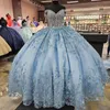 Мексиканское небесно-голубое бальное платье с открытыми плечами, платье Quinceanera, аппликации из бисера, платья для дня рождения, оборки, сладкий халат 16 15 Robe De Ball