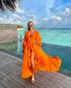 Casual Dresses Orange Chiffon Ruffles Long Women Summer Sexy V Neck Full Sleeves Beach Gowns High Split Ankle-length Female Dress