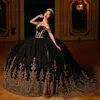 Black Quinceanera Dress Gold Lace Appliques Beads Ball Gown Beading Long Sleeve Sweet 16 Vestidos De 15 Anos