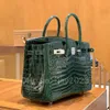 Helt handgjorda tygväska Designer Tote Slant Bag Classic Clamshell Bag 25cm Storlekar Importerad Bay Crocodile Leather Real Skin Beeswax Thread Stitched Diamond Hardware