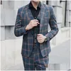 Trajes para hombre Blazers Hombres de alta calidad Plaid de un solo pecho Traje casual Abrigo Pantalones Chaqueta de negocios Chaleco Pantalones PCS Aplicación de entrega de gota Dhxfl {categoría}