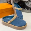 Platform Mules Scuffs Designer Slippers Women Shoes High Quality Sandals Blue Denim Letters Rubber Outsole womens designers sheepskin lining slipper with box 35-42