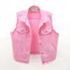 Damesvesten Wit Roze Denim Vest Vrouwen Casual Vest Herfst Pocket Bramen Cowboy Mouwloos Jasje Losse Korte Jeans Vrouwelijk