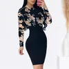 Robes décontractées Femmes Slim Look Robe Fleur Imprimer Fit Mini avec taille haute à manches longues pour gaine serrée O cou élastique au-dessus