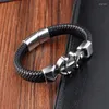 Charm Bracelets Punk Stainless Steel Genuine Leather Bracelet & Bangles For Men Jewelry Black Color Fashion Gift