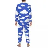 Herren-Nachtwäsche, Pyjama, für Männer, Cartoon, Wolke, Nacht, bewölkt, blauer Himmel, 2-teiliges lässiges Pyjama-Set mit langen Ärmeln, niedlicher, weicher, übergroßer Heimanzug
