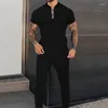 Fatos de treino masculino roupas de verão casual conjunto de treino com zíper o pescoço de manga curta camisetas leggings streetwear terno de duas peças 2024