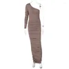 Casual Jurken Kristal Herfst Ruches Sexy Y2K Kleding Helling Schouder Ruglooze Bodycon Maxi Jurk Voor Vrouwen 2024 Club Party Verjaardag Elegant