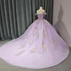 Lilas Quinceanera robe robe De bal hors De l'épaule 3D fleurs Appliques perles tulle Corset doux 15 robes De XV Anos