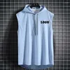 Men's Tank Tops Customized Printed Sleeveless Vest Top Casual T-shirt Solid Hooded Hoodie Tie Up Hip-hop Sports Shirt